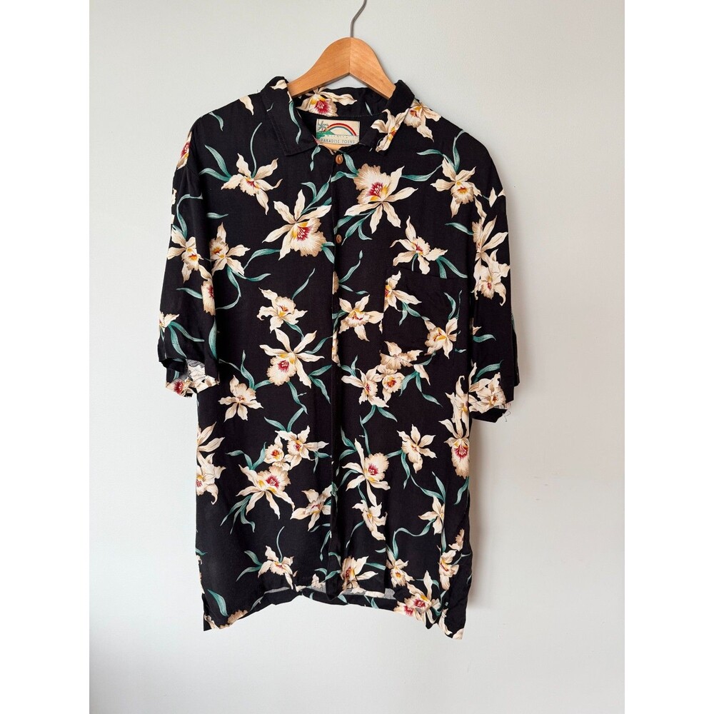 Paradise Found Vintage Black Floral Short Sleeve Button Down Hawaiian Shirt XL